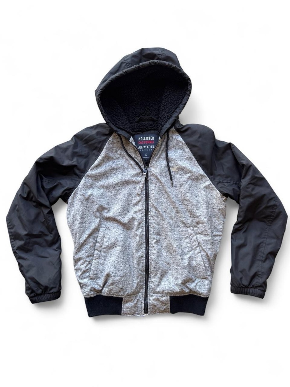 Hollister Men's Gray Body with Black Sleeves Hooded Bomber
